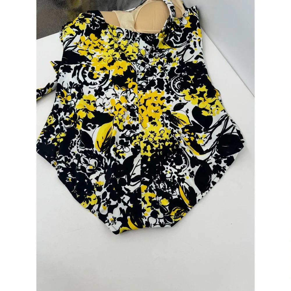 Maxine of Hollywood Womens Sz 16 Yellow Black Floral V-Neck Faux Wrap Swimsuit